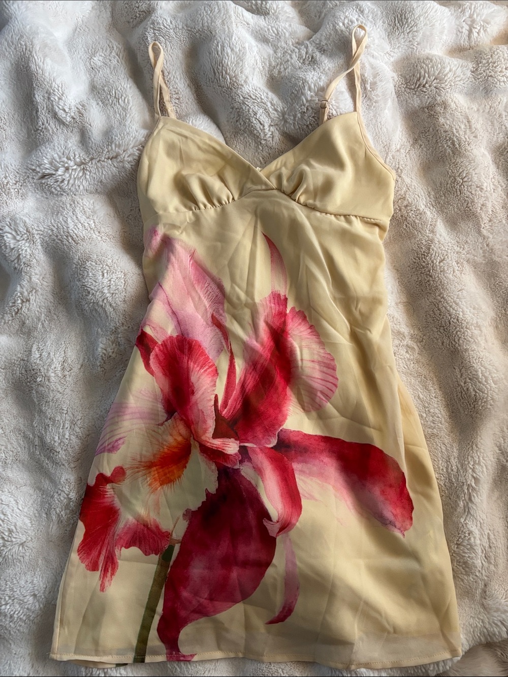 Sheer Floral Slip Dress in Pale Yellow with Pink-Red Flowers